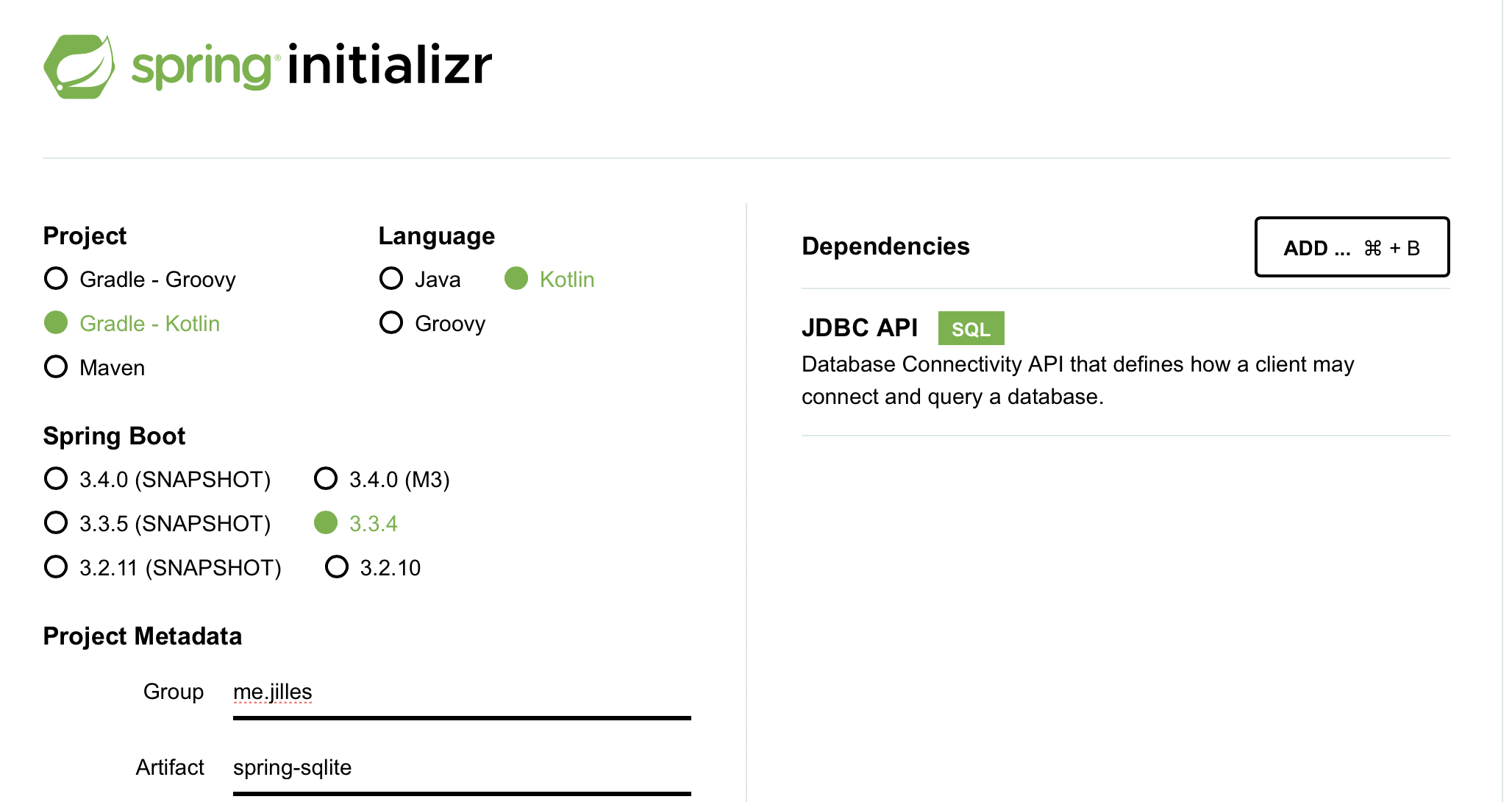 Spring Initializr interface showing project setup with Gradle Kotlin, Kotlin language, and Spring JDBC dependency selected