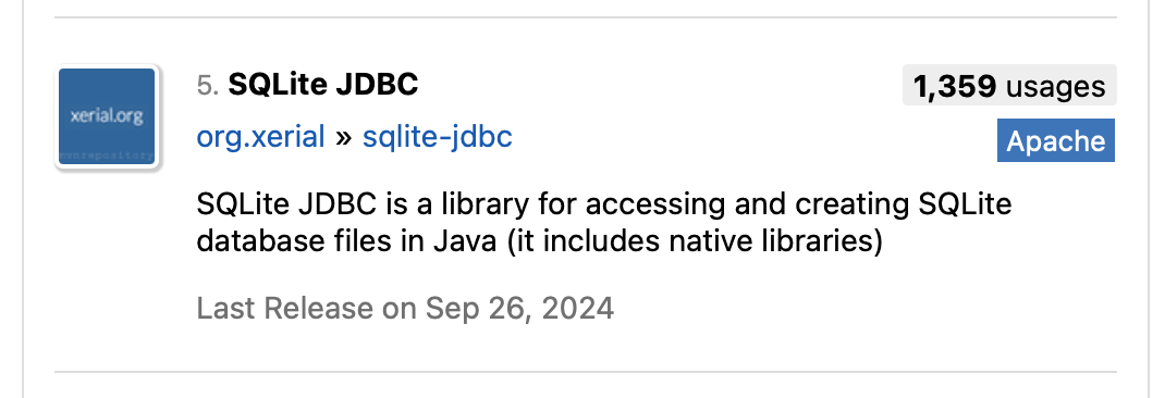 Maven Central search results showing SQLite JDBC driver as the 5th most popular JDBC driver