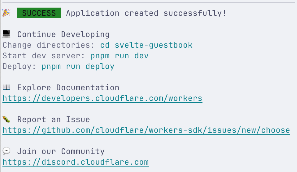 Terminal output showing successful creation of SvelteKit application with Drizzle and LibSQL options selected