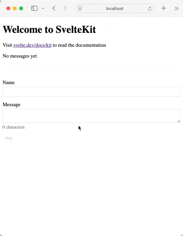 Animation showing a user typing a name and message in the guestbook form and the message being persisted and displayed