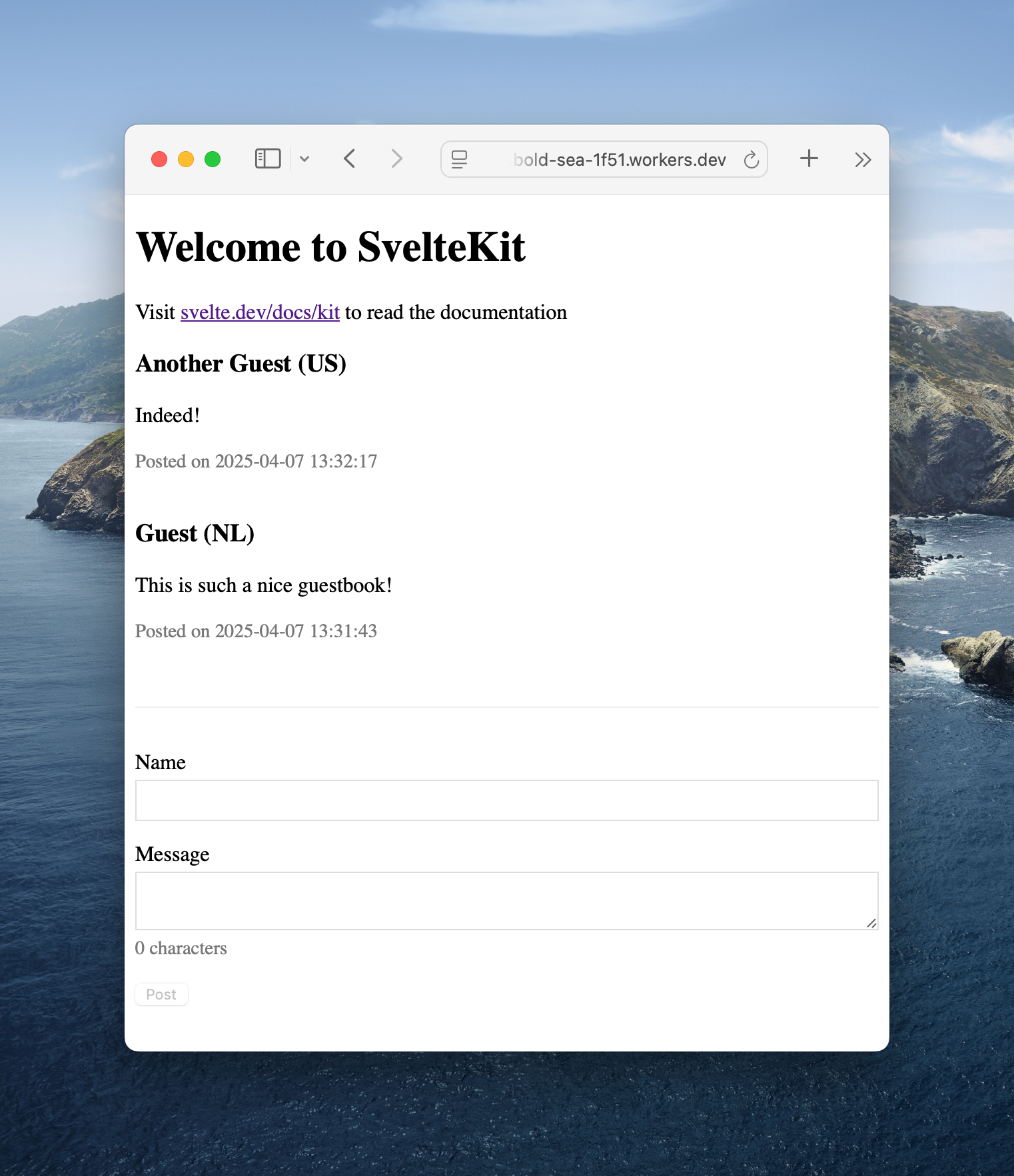 Browser showing the deployed guestbook application with messages from users in different countries displayed
