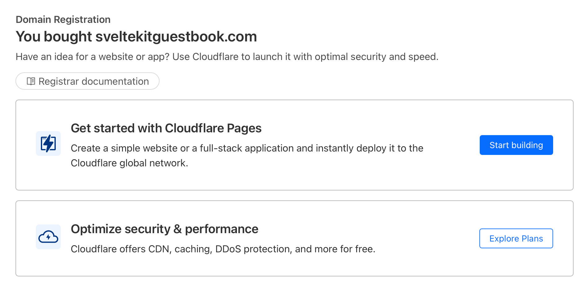 Domain registration page showing sveltekitguestbook.com added to cart for purchase