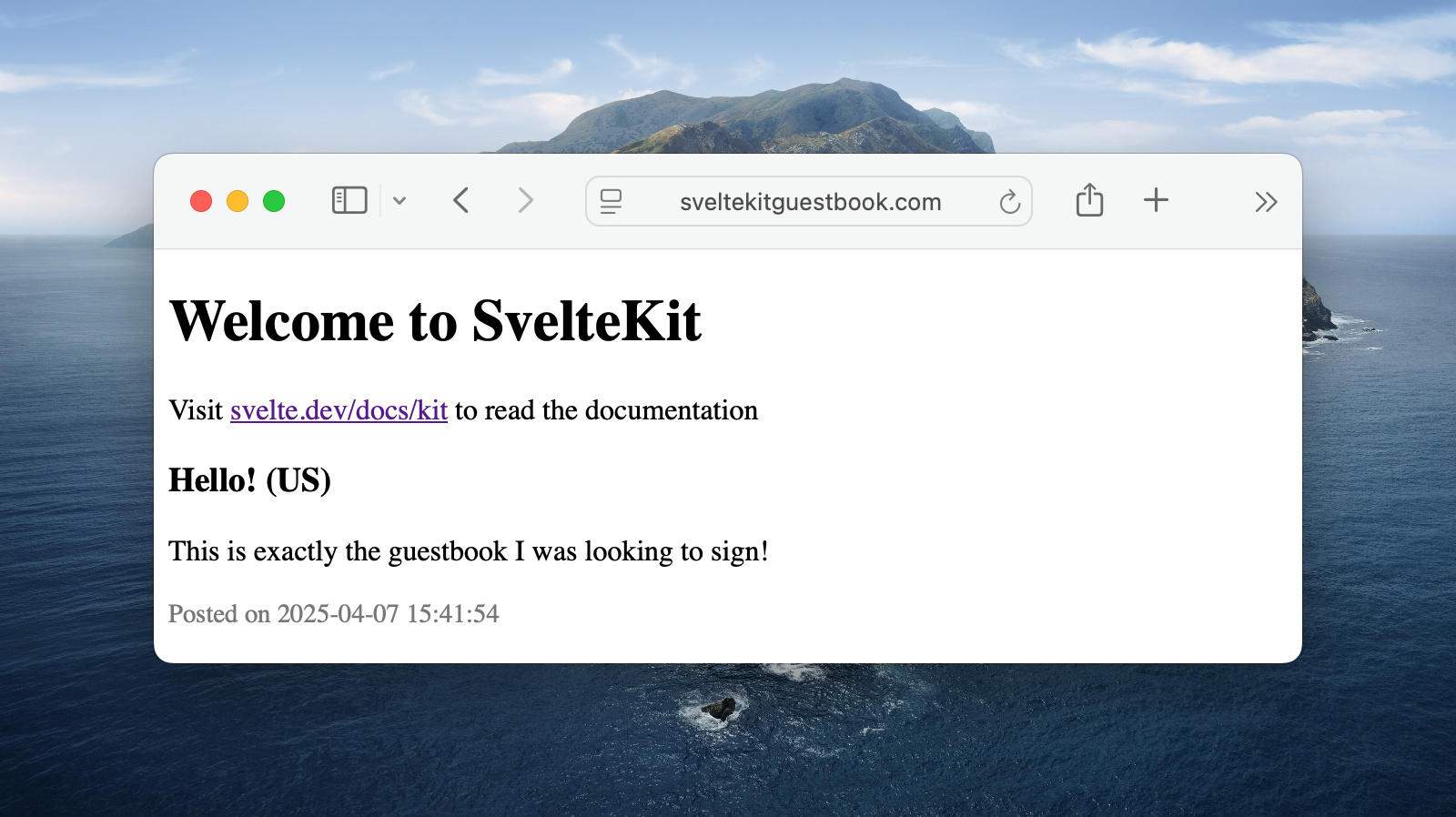 Browser showing the deployed guestbook application running on the custom domain sveltekitguestbook.com