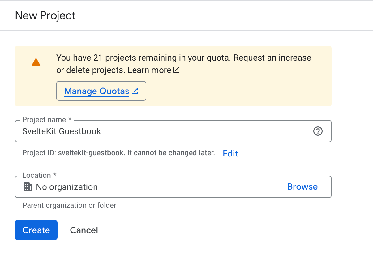 Google Cloud Console showing the new project creation dialog