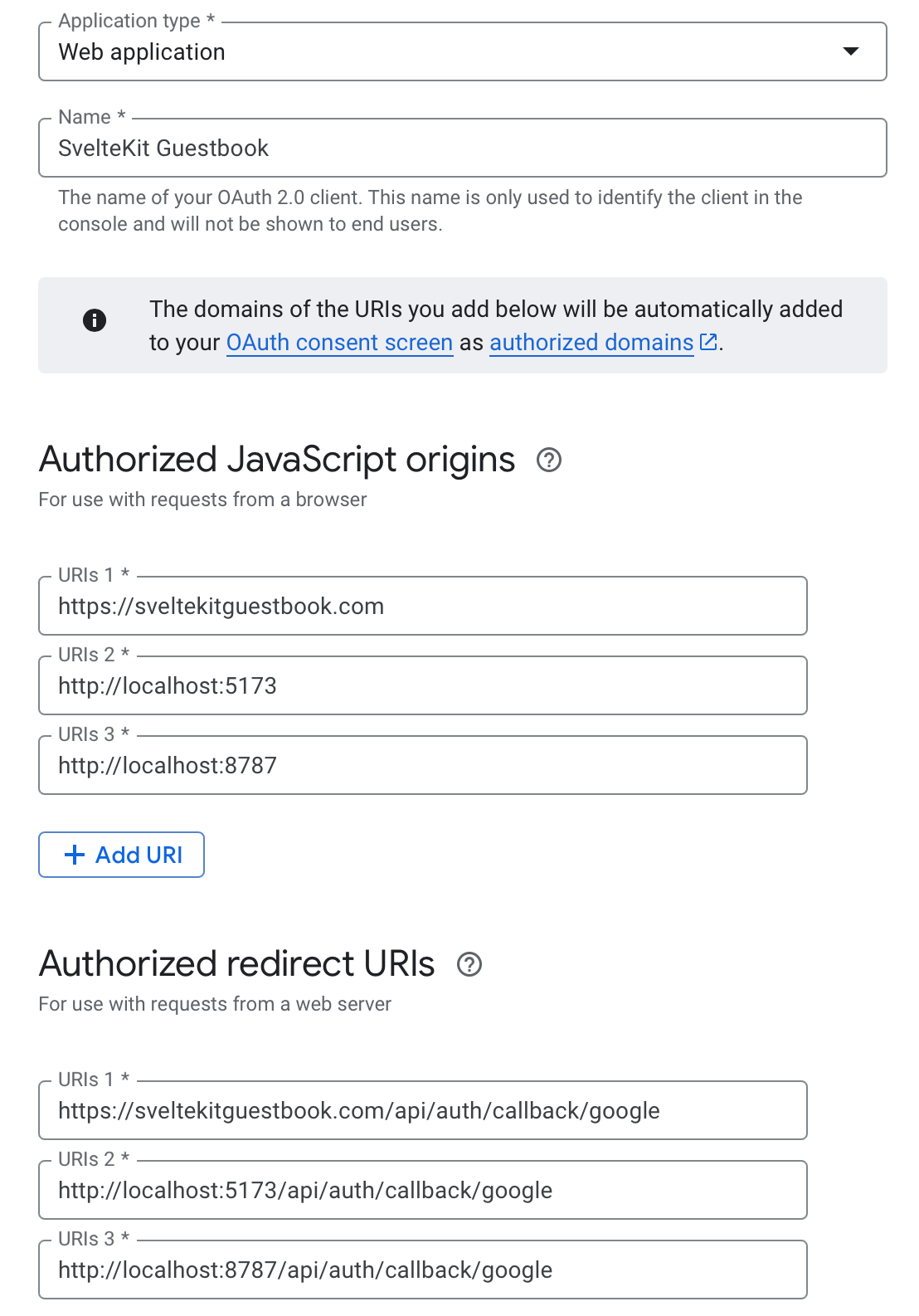 OAuth client configuration showing authorized JavaScript origins and redirect URIs for production, development, and preview environments