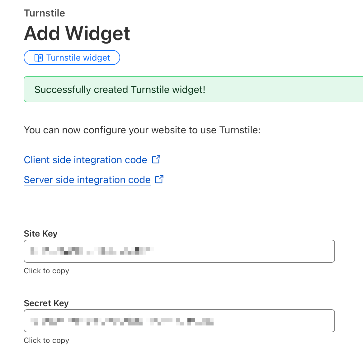 Cloudflare Turnstile widget configuration page showing site key and secret key credentials