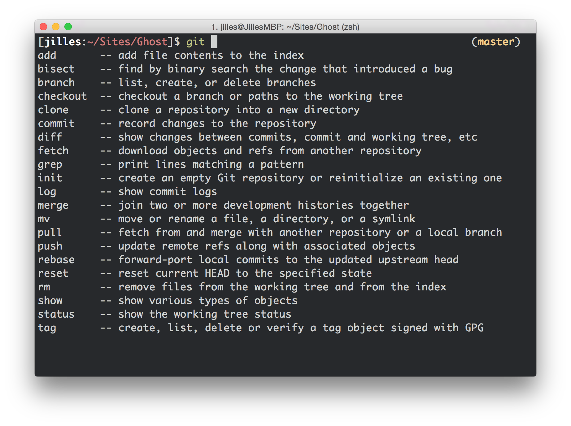 Terminal showing zsh autocompletion menu with git commands and descriptions