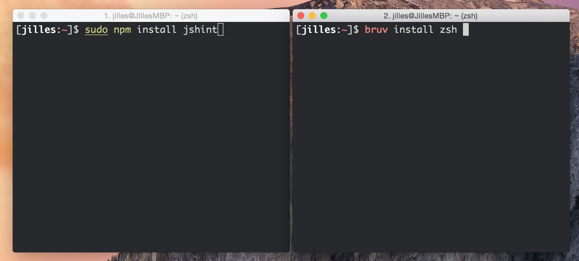 Terminal showing zsh-syntax-highlighting with valid commands in green and invalid commands in red