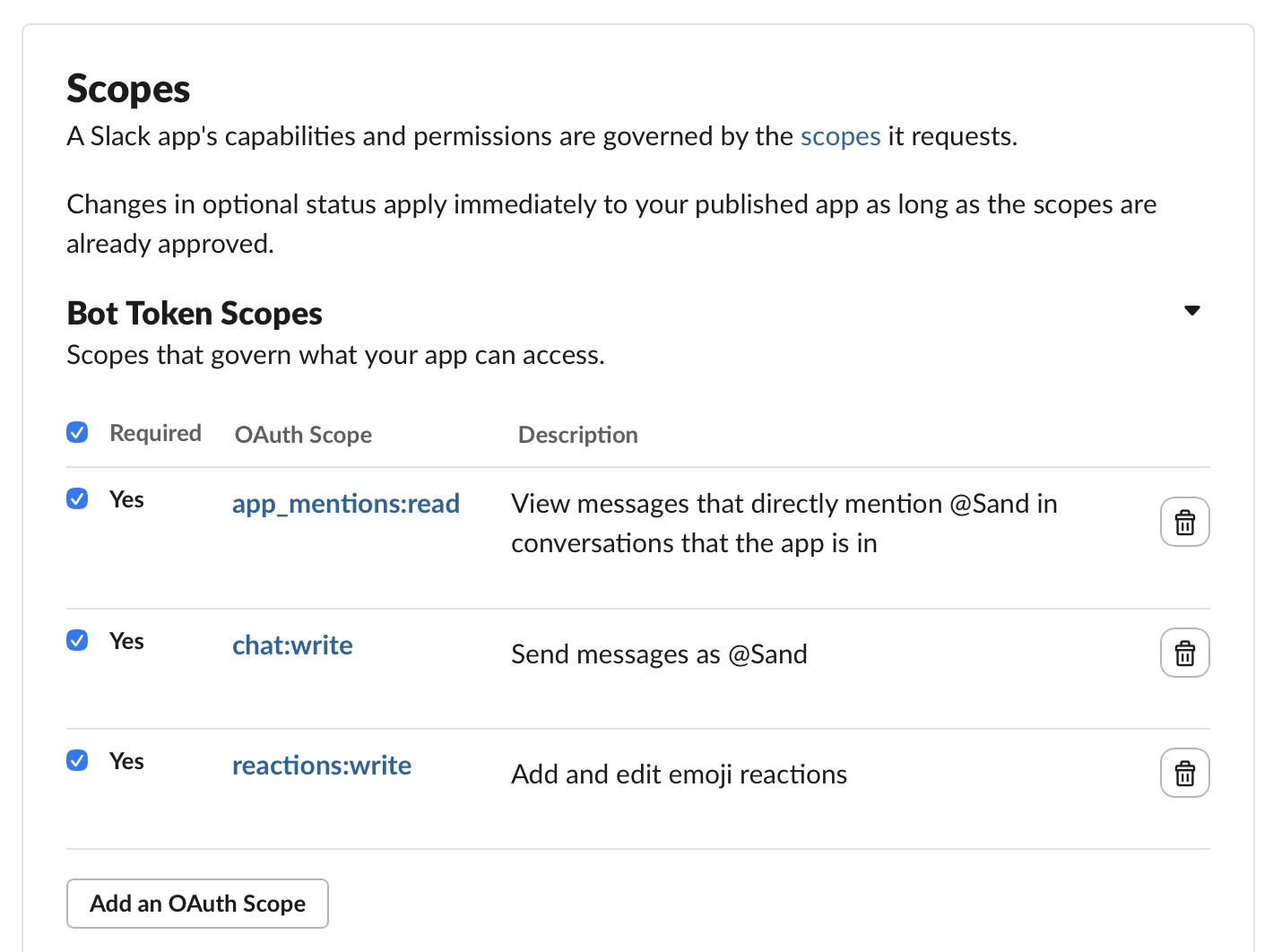 Slack app OAuth scopes